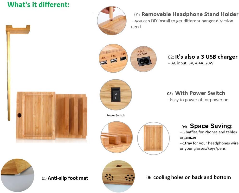 Yisen Handy Universal Wooden Game Earphone Headphone Stand Hanger(Removeble) with Cable Holder Multi Device Smartphone 3-Port USB Charging stations(with power switch and 1.5M UK plug power cord) - Image 4