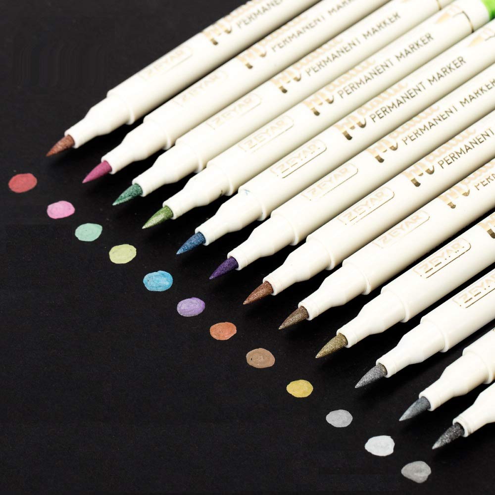 ZEYAR Metallic Marker Pens, Permanent Markers, Great for Rock Painting, Black Paper, Gift Card, Scrapbook, Photo Album, Glass, Wood and more, Brush Tip, 12 Colors set (Brush Tip)