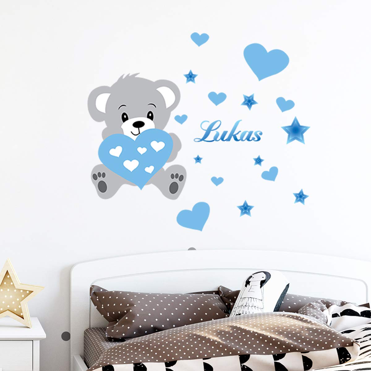 Personalised First Name Stickers | Self-Adhesive Bear Sticker - Children's Bedroom Wall Decoration | 2 Sheets of 30 x 35 cm and 50 x 30 cm - Shade of Blue