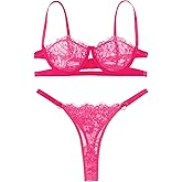 Lilosy Sexy Eyelash Underwire Floral Lace Sheer O Ring Linked Cutout Lingerie Set