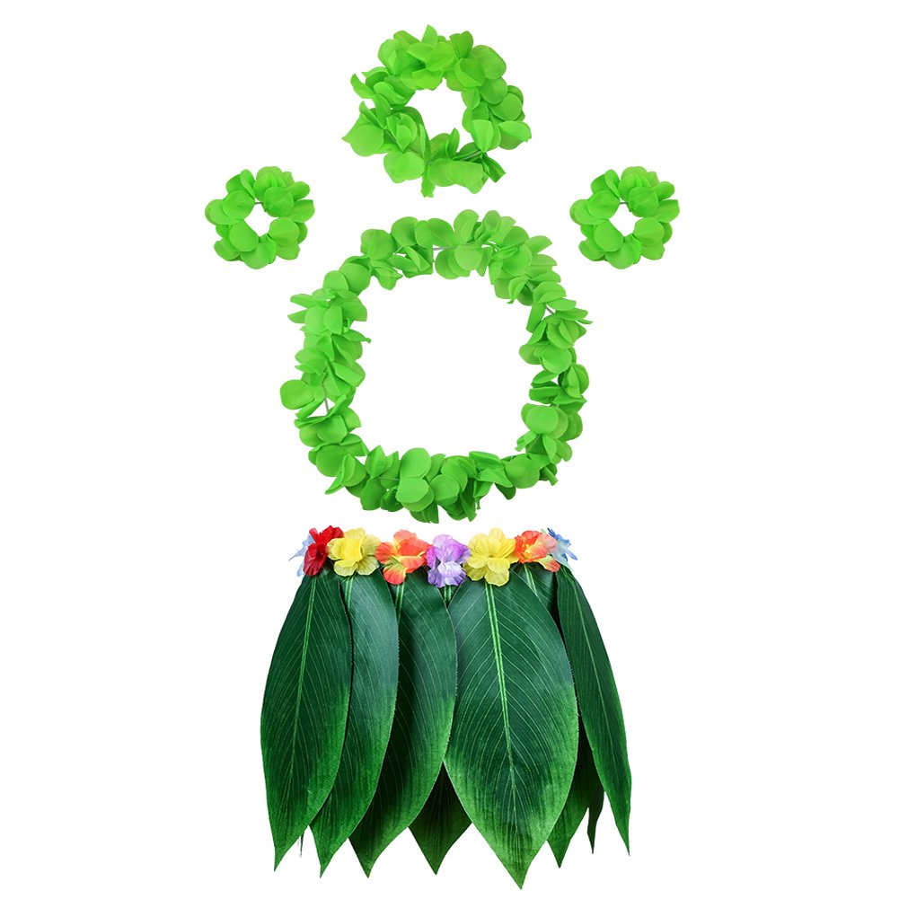 HANGNUO 5 PCS Hula Skirt Hawaiian Costume Set with Green Leaves Necklace Bracelets Headband, Luau Party Favors for Adults Women and Men
