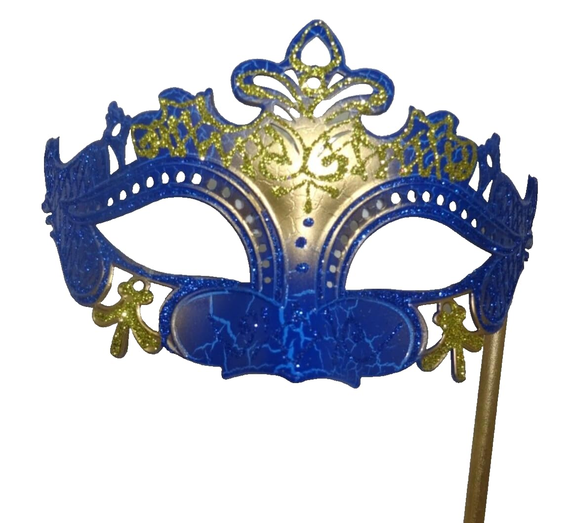LADIES SPARKLING GOLD AND BLUE RIALTO VENETIAN MASQUERADE CARNIVAL PARTY EYE MASK HAND HELD ON A WOODEN STICK