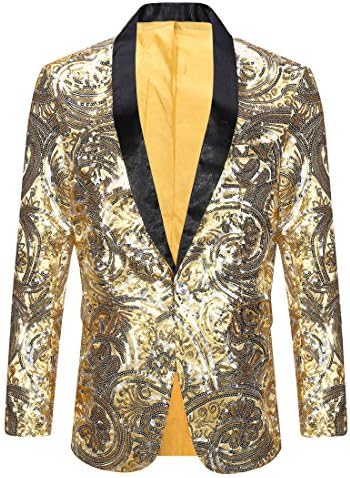 PYJTRL Men's Pink Gold Flower Pattern Wedding Groom Singer Sequins Suit Jacket