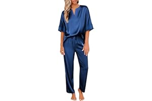 Ekouaer Satin Pajama Set Womens Silk Short Sleeve V Neck Shirt with Long Pant Soft Loungewear Pjs Set