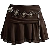 MakeMeChic Women's Fall Brown Mini Skirt Y2K Ruched A Line Ruffle Tiered Flared Hem Short Skirts