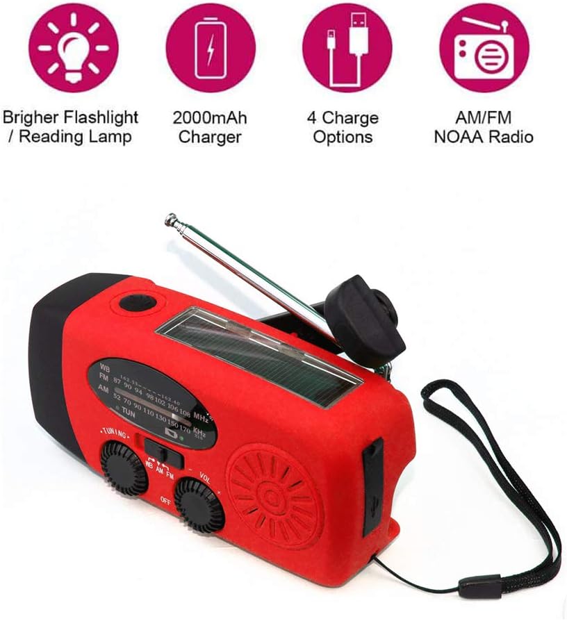[Upgrade] Tiemahun Emergency Solar Hand Crank Dynamo NOAA WB AM/FM Radio Hurricane Camping Survive Kit with 3-LED Flashlight 1000mAh Power Bank 088FS (Red): Home Audio & Theater