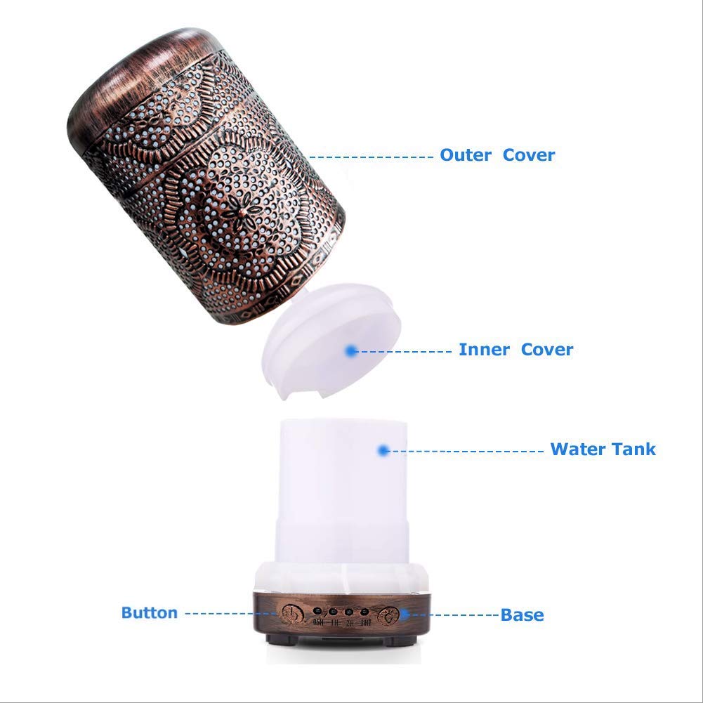 BAIESHIJI Essential Oil Diffuser, Metal Vintage Essential Oil Diffusers 100ML, Aromatherapy Diffuser with Waterless Auto Shut-Off Protection, 7 Color Changing Light, Cool Mist Humidifier : Beauty