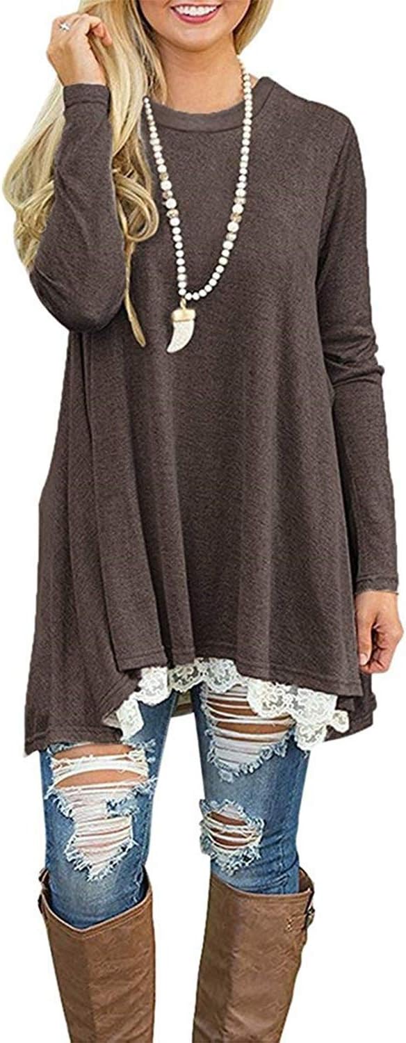 Womens Lace Casual Long Sleeve Tunic Tops Loose Blouse T Shirt