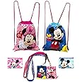 Disney Mickey and Minnie Mouse Drawstring Backpacks Plus Lanyards with Detachable Coin Purse and Autograph Books (Set of 6) (Pink Blue)