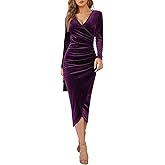 DIRASS Women's Elegant Velvet Long Sleeve Wrap V Neck Ruched Bodycon Cocktail Party Maxi Dress