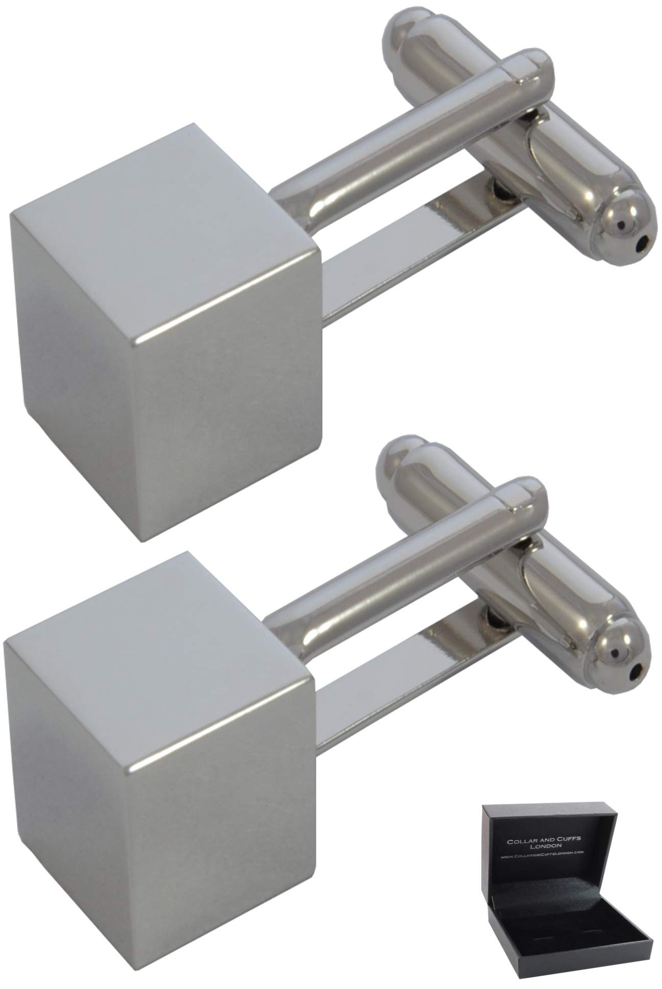 Cufflinks for Men + Presentation Box - Silver Colour - Symmetrical Cuboid - Solid Brass Metal - Cube Smooth Square Classic Design - One Pair