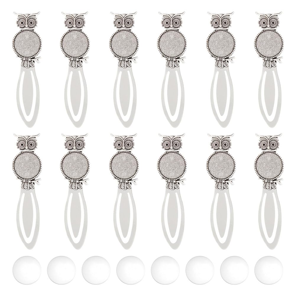 HOBBIESAY 12Pcs Halloween Owl Animal Bookmarks Kits Alloy Cabochon Bookmark Tray Antique Silver Bookmarks Bezel Settings with Round Tray and Fit for DIY Bookmark Making Book Lovers,Tray: 20mm