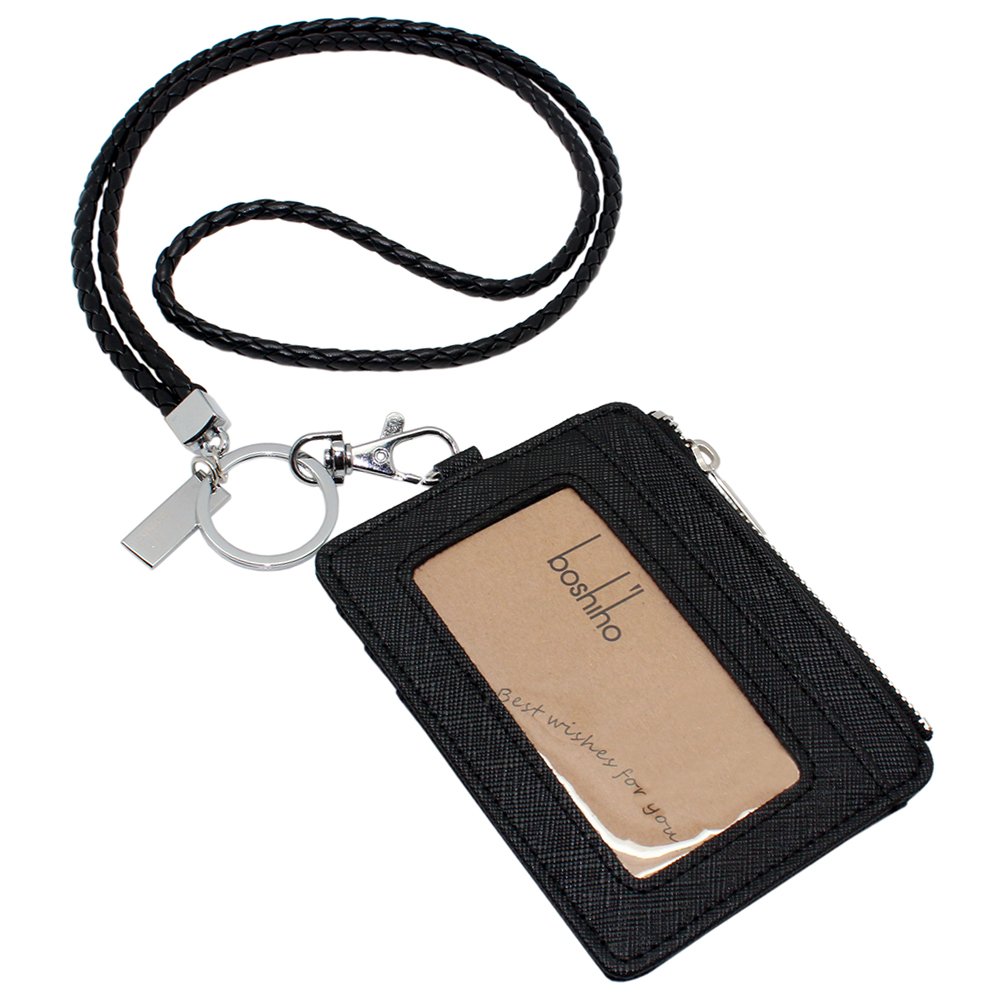 Leather Badge Holder with Zipper Boshiho Horizontal Style ID Card Holder and Lanyard Neck Strap,Coin Pocket with Strong Clip for Credit Card, Keys, Keychain ID Wallet(0148-Black) โ image 1