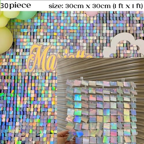 AM ANNA Sequin Wall Panels, 30PCS Shimmer Backdrop Stand, Rainbow Silver Square Decoration for Photo Backdrops, Party, Anniversary, Engagement