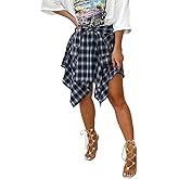 ALLUMK Women Casual Plaid Print Irregular Hem Mini Skirts High Waist A-Line Skirts with Belt