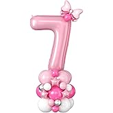 40 Inch Pink Number 7 Balloon for 7th Birthday Decoration Pastel Baby Pink Number Seven Foil Balloon Tower Giant Large Digit Hot Pink White Helium Balloons Stack Stand for Girl Anniversary Party