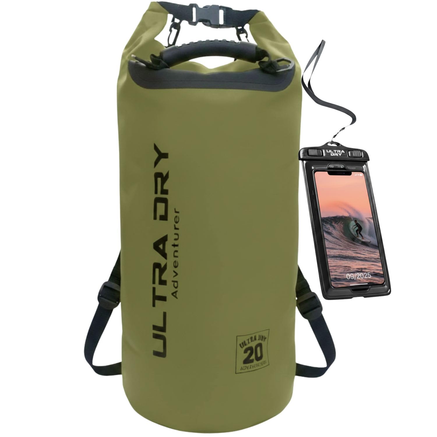 Premium Waterproof Bag, Sack with Phone Dry Bag and Long Adjustable Shoulder Strap Included, Perfect for Kayaking/Boating/Canoeing/Fishing/Rafting/Swimming/Camping/Snowboarding (Green, 20 L)