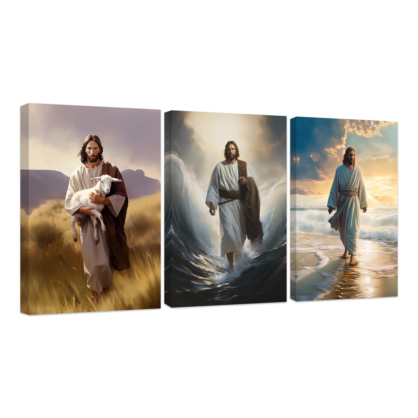 CCWACPP 3 Piece Christian Wall Art Jesus Walking on the Beach Picture Jesus Christ Posters Religious Canvas Prints God Portrait Wall Decor Framed (D, (28x35cmx3))