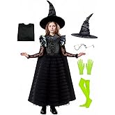 Halloween Girls Witch Black Ruffled Lace Dress Tiered Tulle Skirt with Cape Pointed Hat Glasses Gloves Socks