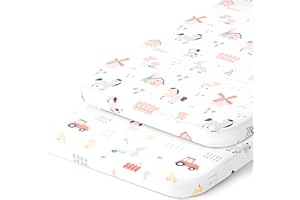 Cradle Sheets Fitted 18 x 36 Inch – Snuggly Soft 100% Jersey Cotton – Farm Animals – 2 Pack