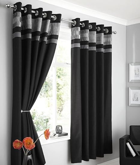 Black Faux Silk Lined Curtains With Eyelet Ring Top 66 X 90