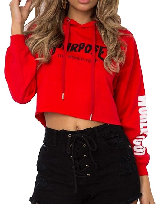 Bauchfreier Pulli Mädchen, Damen Hoodie Bauchfrei Pullover Brief Drucken Langarm Kapuzen Sweatshirt Kapuzenpullover Kurz Spor