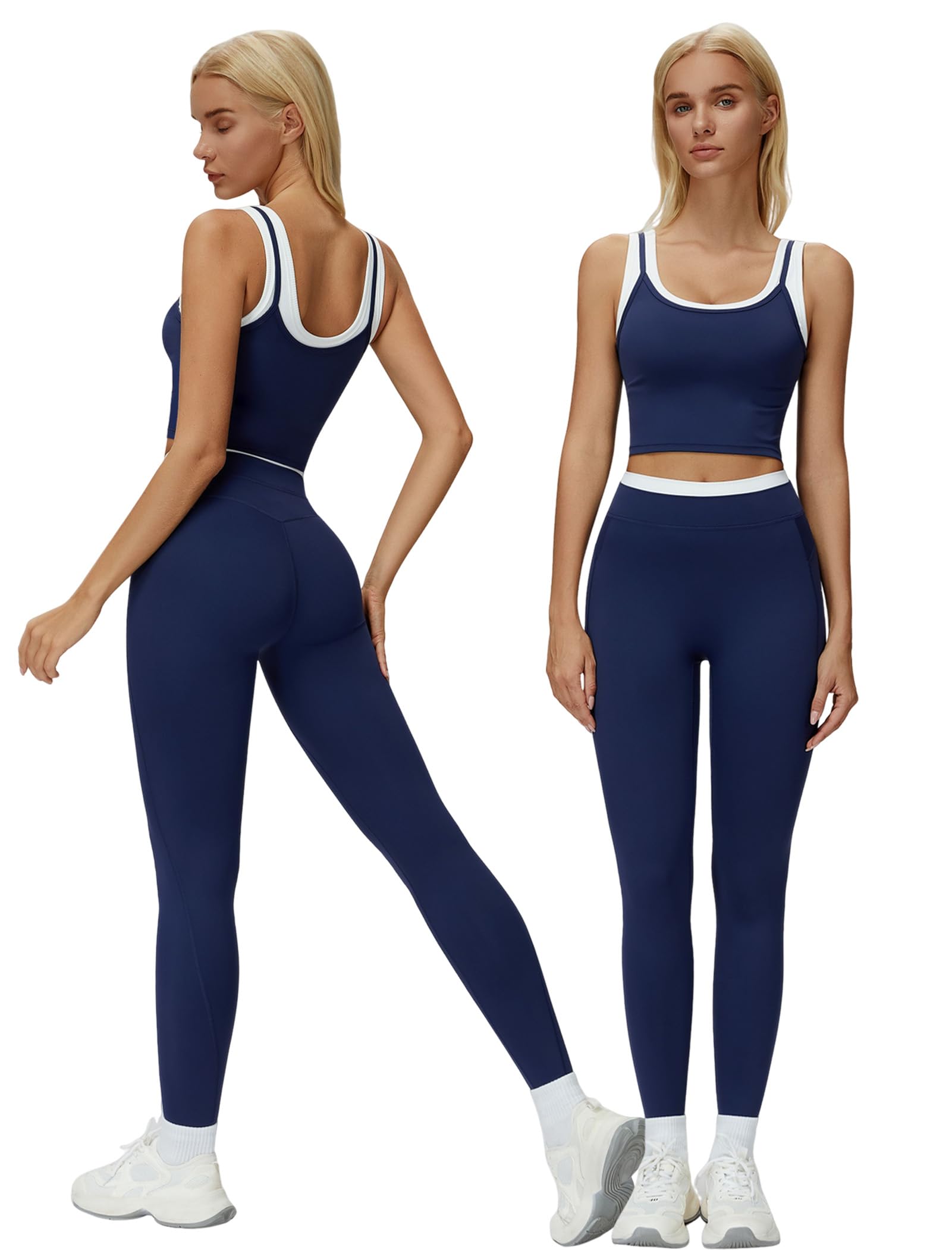 Photo 1 of 2 Piece Workout Sets for Women Racerback Color Block Tank Tops Matching High Waist Tummy Control Leggings Clothes Womens Two Piece Athletic Set Gym Wear Active Yoga Outfits U Back Dark Blue S