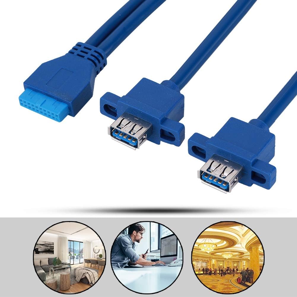 ASHATA USB3.0 Data Cable,USB3.0 19PIN TO 2AF Front Motherboard Panel Mount Cable with Screw Hole,USB3.0 Cable With One 19pin/20pin Female Mother,Double USB3.0 A Female,Blue(0.5m) - Image 5