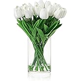 rubystory 20 PCS Real Touch Tulips Artificial Flowers in Vase, Tulips Fake Flowers with Vase and Fake Water for Home Decor, Dining Table (White)