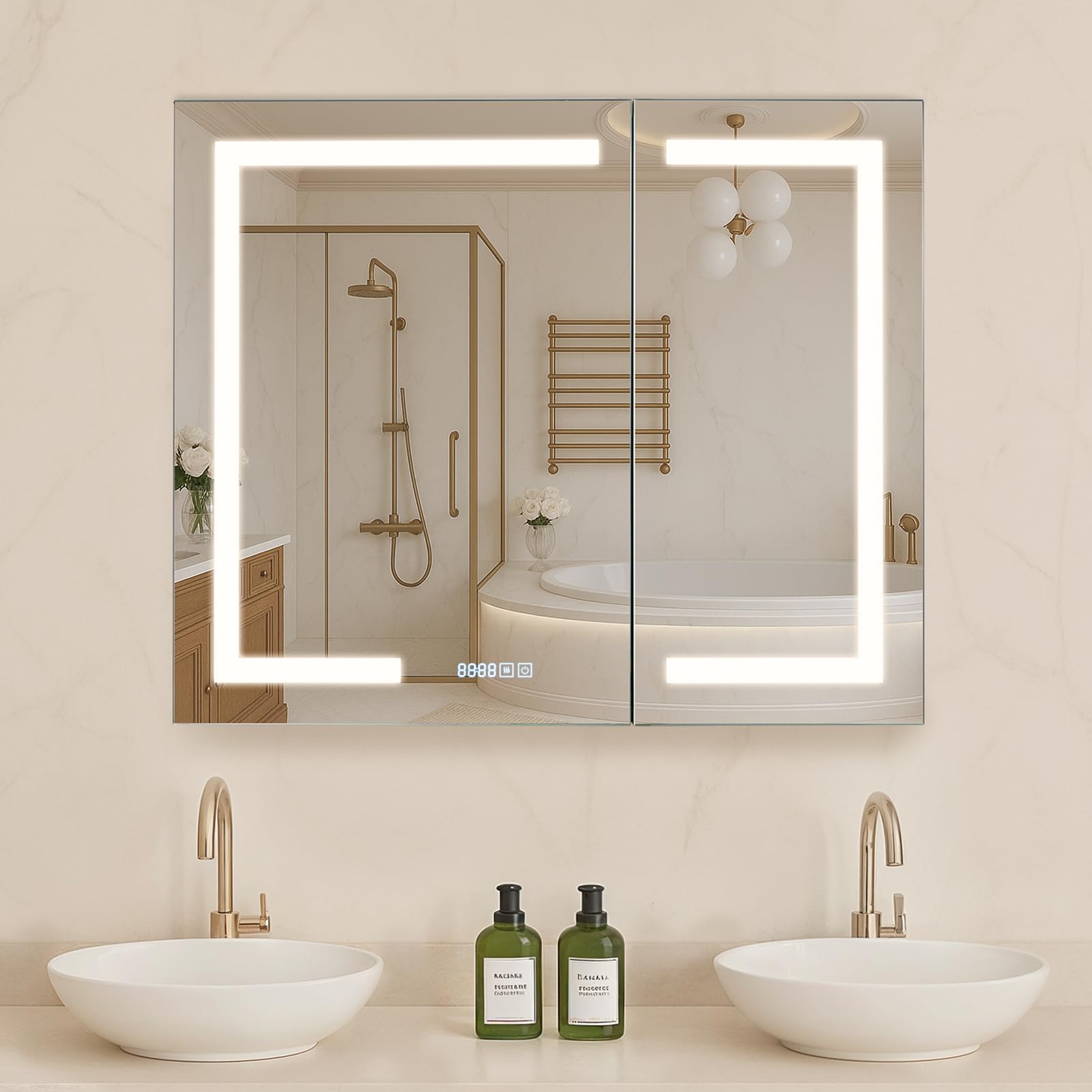 Photo 1 of ** MISSING INSTRUCTIONS. DOES NOT LIGHT UP**
VEVOR Lighted Medicine Cabinet with Mirror, 36 x 30 in Recessed or Wall Mount, 3 Color Dimmable LED Bathroom Medicine Cabinet with HD Mirror, Clock, Adjustable Shelve Storage, Memory Defog Function