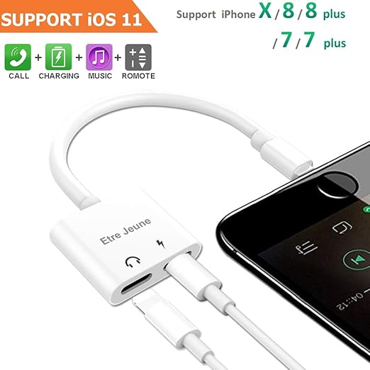 Etre Jeune Adapter &amp; Splitter Replacement Compatible with Iphone 7, 7Plus, 8, 8Plus, X, Dual 8 Pin 2 in 1 Headphone Jack Aux Audio Music and Charge and Calling and Sync Cable Charger Connector, White