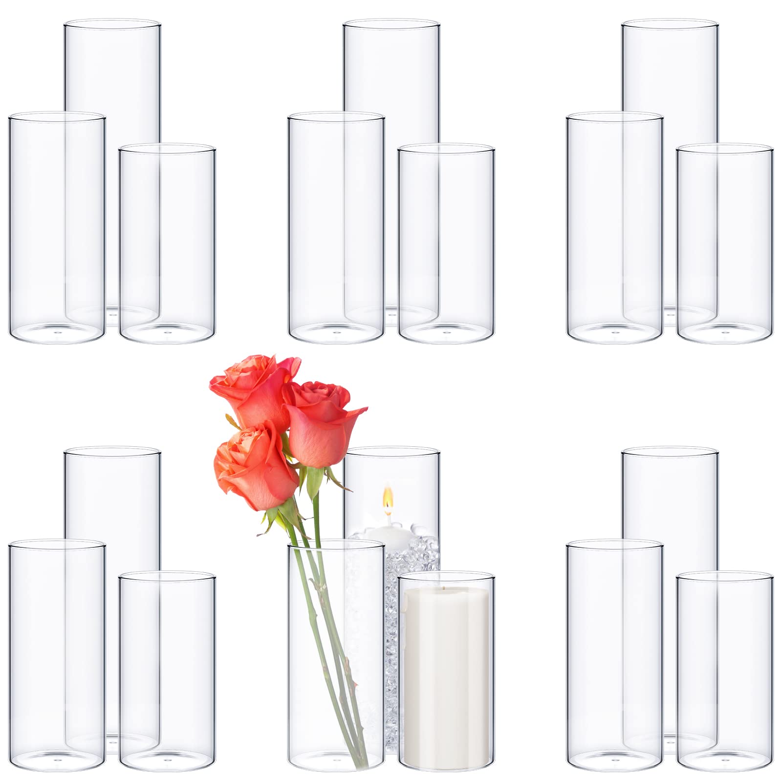 Photo 1 of Didaey 18 Pcs Cylinder Vases Set for Centerpieces 3.4''Diameter 6/8/ 10 Inch Tall Clear Glass Vase Hurricane Floating Candle Holder for Wedding Table Decoration
