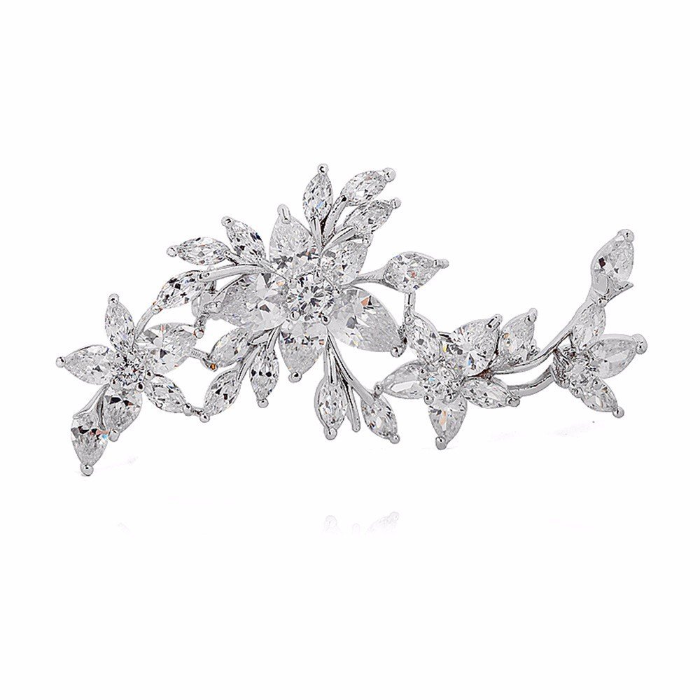 GULICX White Gold Plated Zircon Flower Blossom Diamante Brooch Badge Pin Wedding for Women