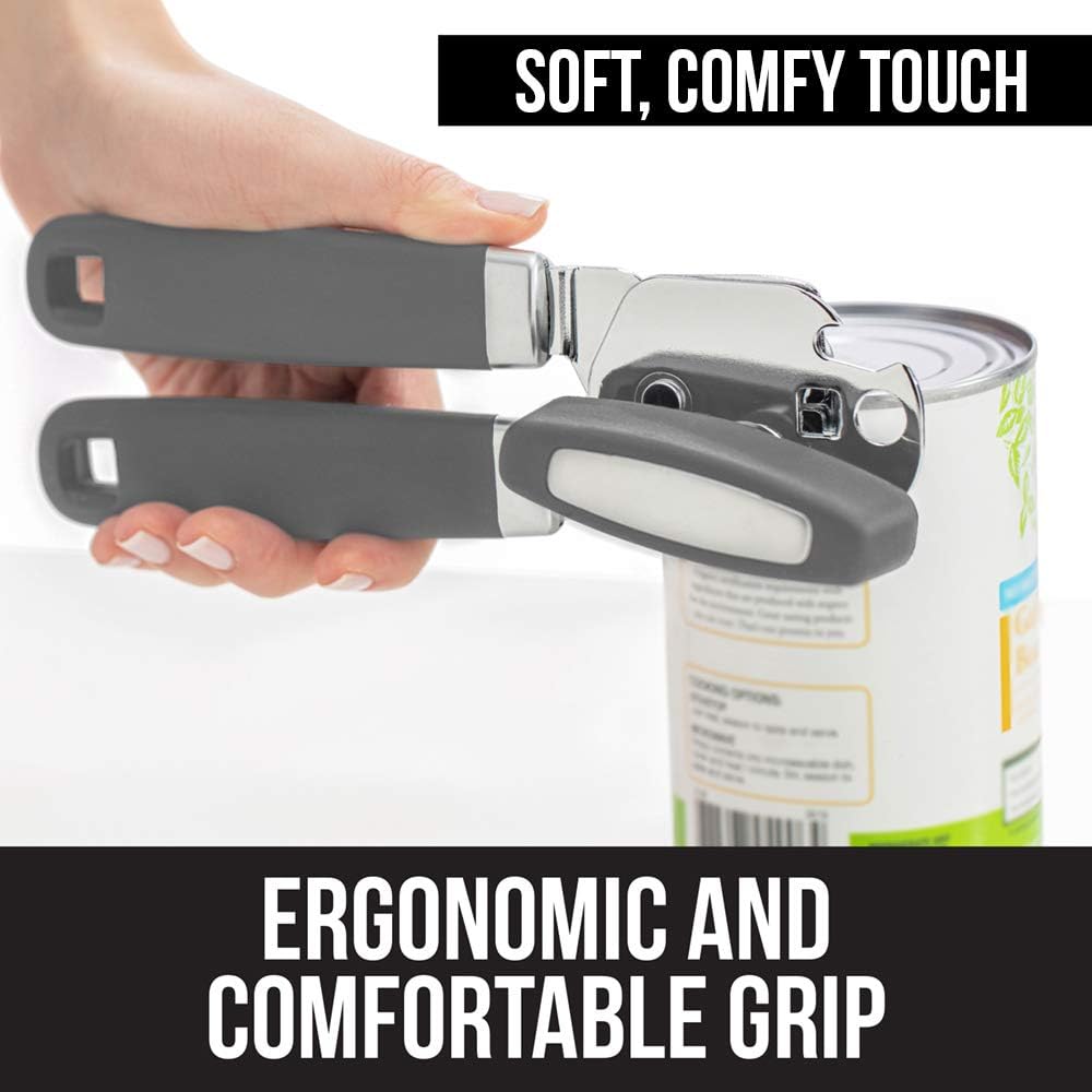 Gorilla Grip Manual Can Opener, Handheld Comfortable Grip, Oversized Easy Turn Knob, Built in Bottle Opener, Hangs for Convenient Kitchen Storage, Blades Easily Open Tin Cans for Smooth Edge, Gray: Kitchen & Dining