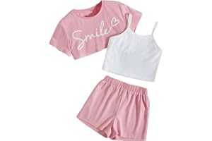 OYOANGLE Girl's 3 Pieces Summer Outfits Graphic Print Crop Tee Top and Cami Top with Shorts Set