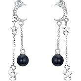 SHINYKEND Black Agate Moissanite Moon Star Earrings for Women, 925 Sterling Silver Star Moon Pendant Earrings Jewelry Gift Anniversary Birthday for Wife Girlfriend