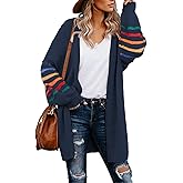 Dokotoo Women's Long Open Front Cardigans Striped Color Block Loose Knit Sweaters Outwear Coat