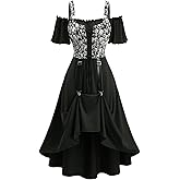 ROSE GAL Women Plus Size Gothic Steampunk Renaissance Cold Shoulder Midi Lace-up Skull Jacquard Corset Dress