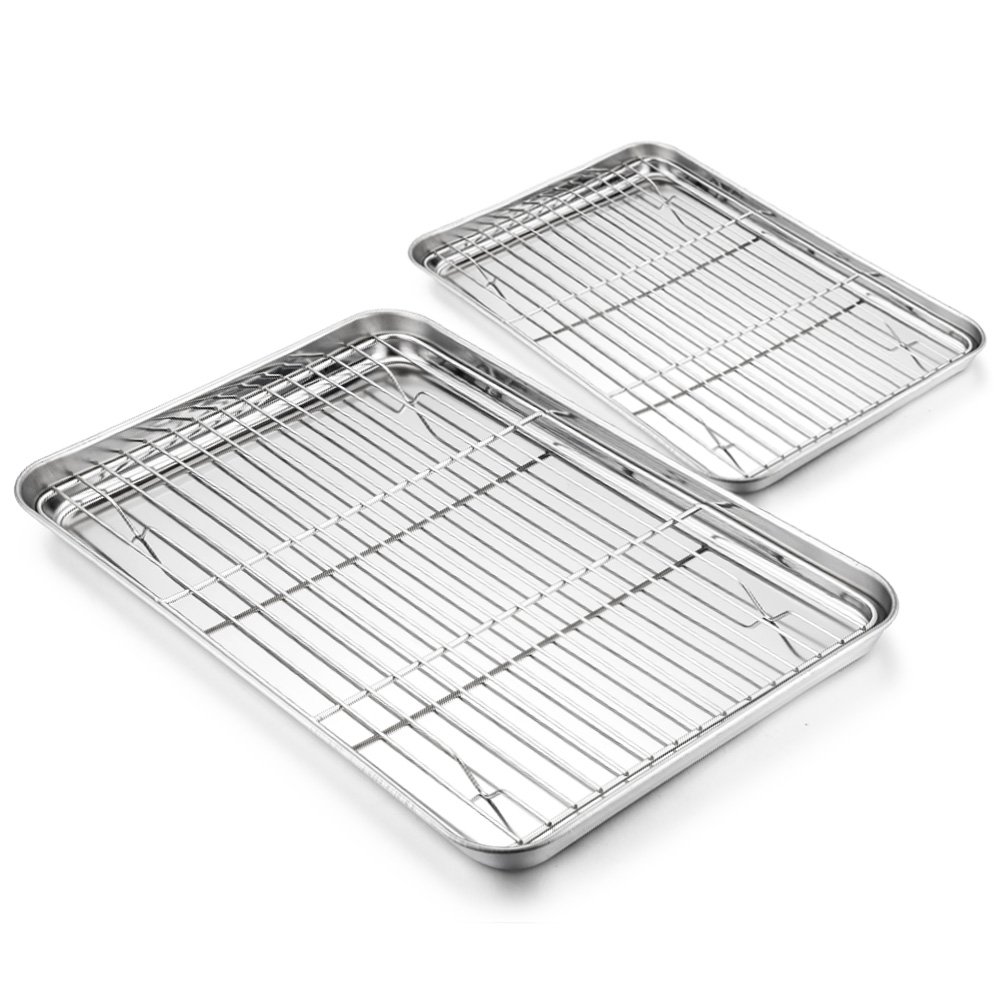 HaWare Baking Tray with Rack Set - 4 Pack (2 Trays+2 Racks), Stainless Steel Cookie Sheet Toaster Pan with Cooling Rack - Healthy & Non Toxic, Mirror Finish & Dishwasher Safe