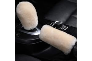 OGLAND Fluffy Natural Fur Sheepskin Car Gear Shift Handle Level Stick Knob Covers for Automobile Selector Handball Collar, Handbrake Cover (Pearl)
