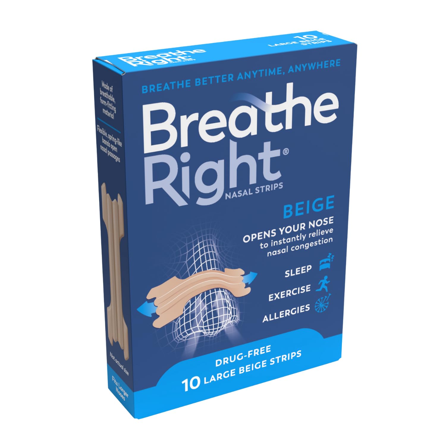 Breathe Right Original Tan, Beige Large 10 Pieces, Nasal Strips for Snoring, Nose Strips for Breathing, Blocked Nose Relief, Drug-free Snoring Aid for Men and Women, Packaging may vary