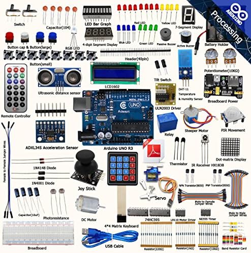 Adeept Ultimate Starter Kit for Arduino UNO R3, LCD1602, Servo Motor, Relay, Processing and C Code, Beginner Starter Kit with 140 Pages PDF Guidebook/Instructions Book