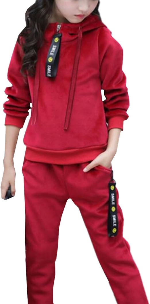 Amazon Sanku 女の子 ジャージ 上下セット 2点セット 子供服 フード付き 人気 長袖 ジャケット スウェット トレーナー 春秋 薄手 ジップ アップ おしゃれ パーカー 女児 ガールズ キッズ スポーツウェア 運動着 体育 ワインレッド 160cm ジャージ 通販