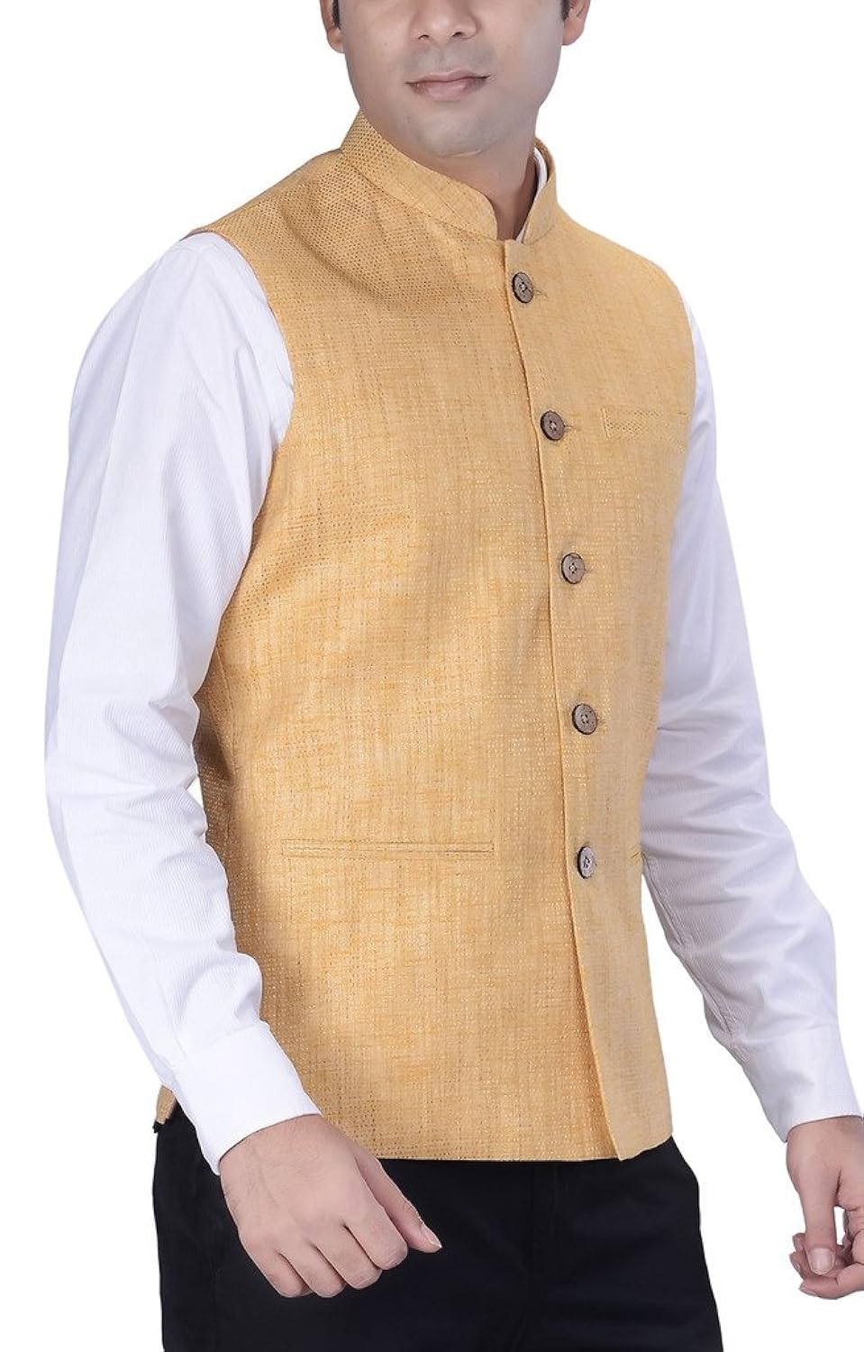 kisah men's woven cotton silk yellow nehru jacket
