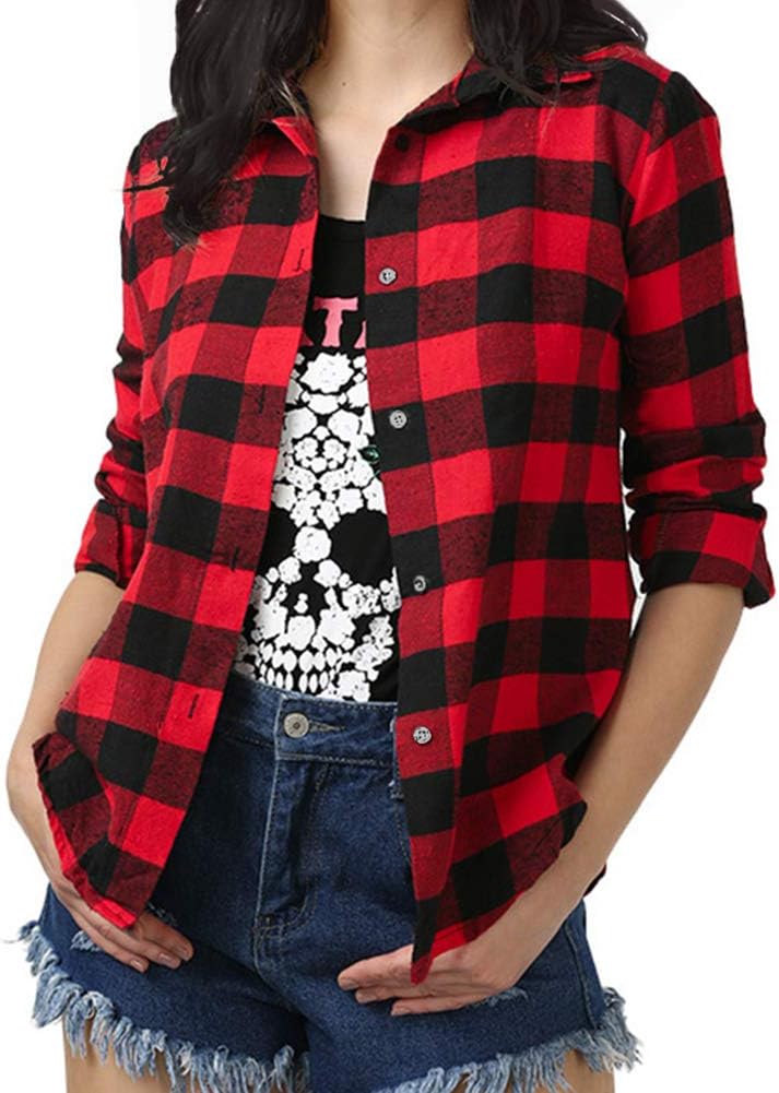 FeskyRed Oversized Plaid Shirt Boyfriend Flannel Shirts for Women Long Sleeve