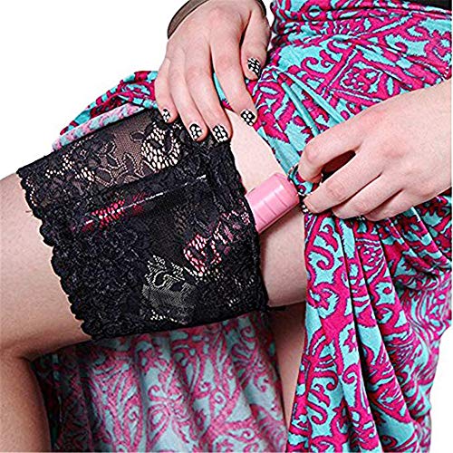 VIEEL Womens Lace Non-Slip Concealed Thigh Holster Thigh Garter with Purse Phone Security Pockets (Black-M) - Thumbnail 6