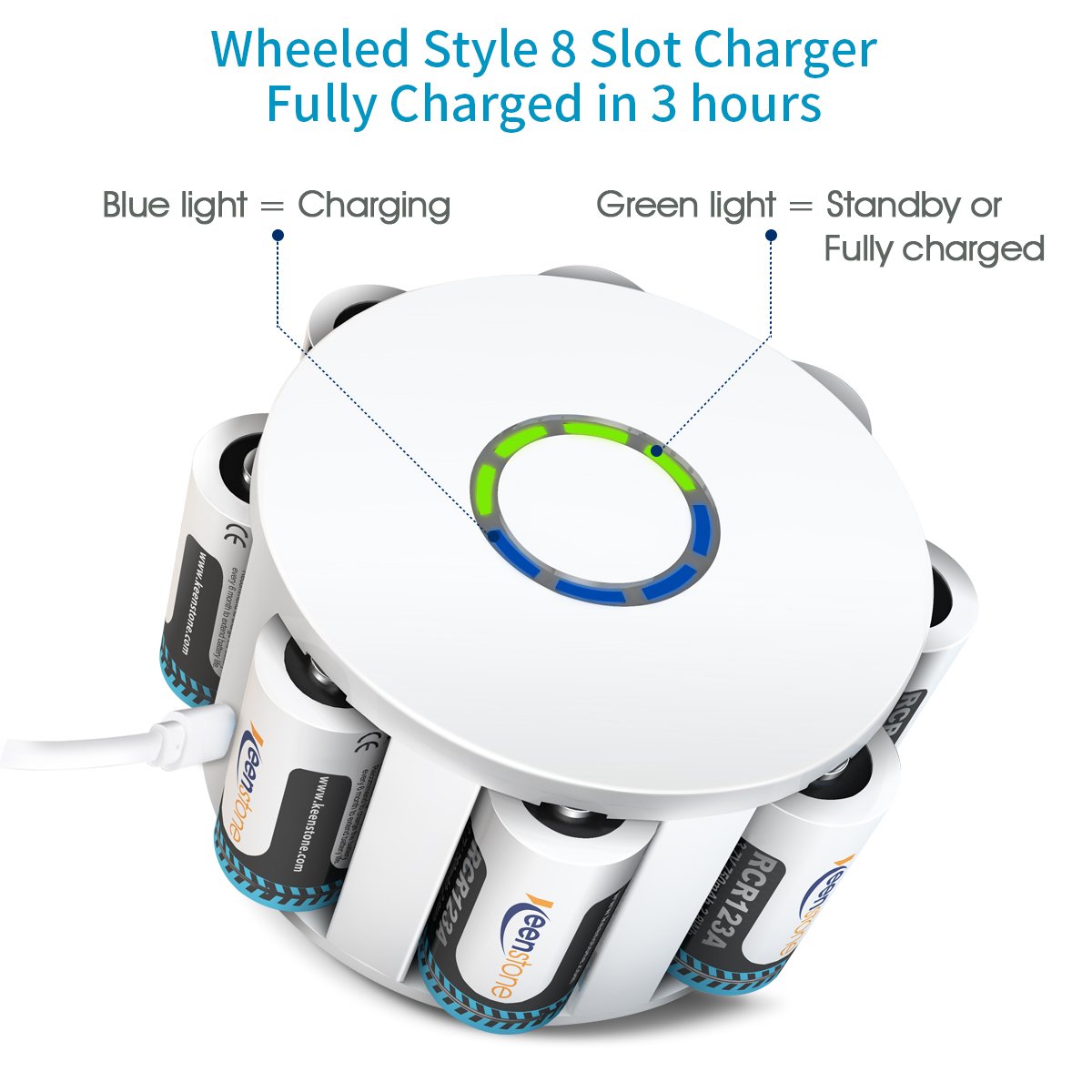 Keenstone 8Pcs RCR123A Rechargeable Camera Batteries 750mAh Li-ion Rechargeable Battery 8-Slot Charger Arlo VMS3030/3230/3330/3430 Cameras