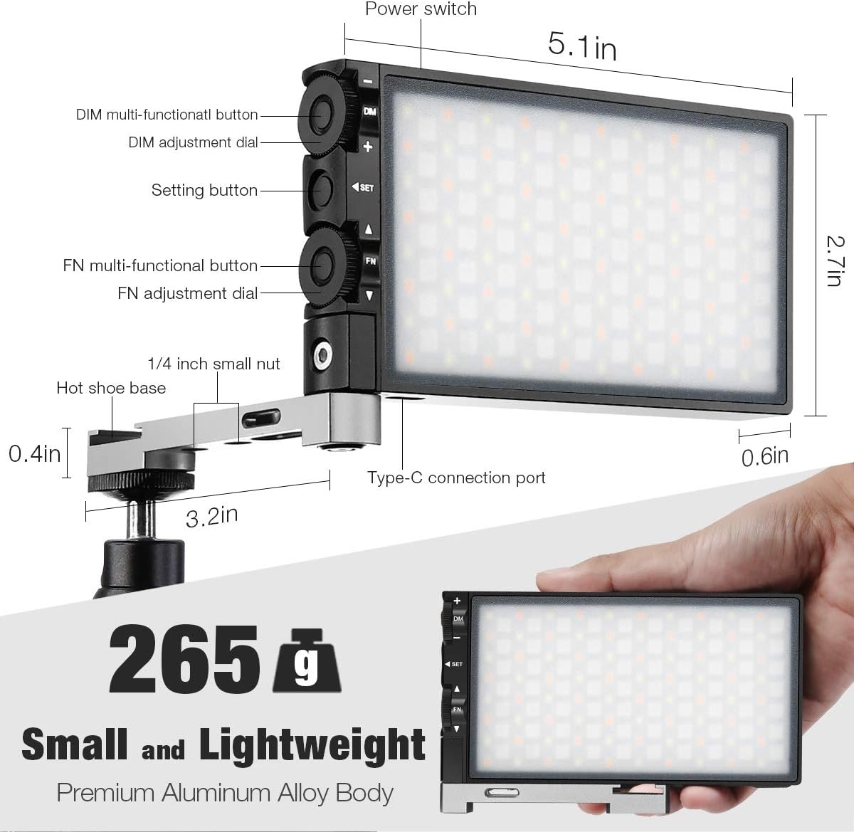 Pixel G1s RGB Video Light, Built-in 12W Rechargeable Battery LED Camera Light 360° Full Color 12 Common Light Effects, CRI≥97 2500-8500K LED Video Light Panel with Aluminum Alloy Body : Camera & Photo