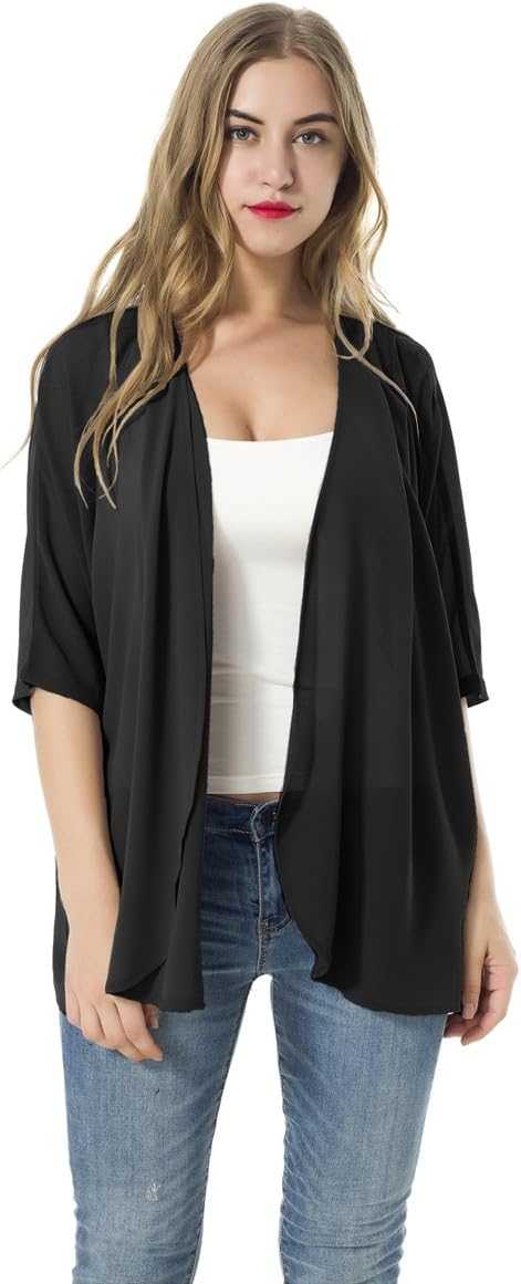 ADANIKIWomen's Short Sleeve Beachwear Sheer Chiffon Kimono Cardigan Solid Casual Capes Beach Blouse Summer Cover Ups