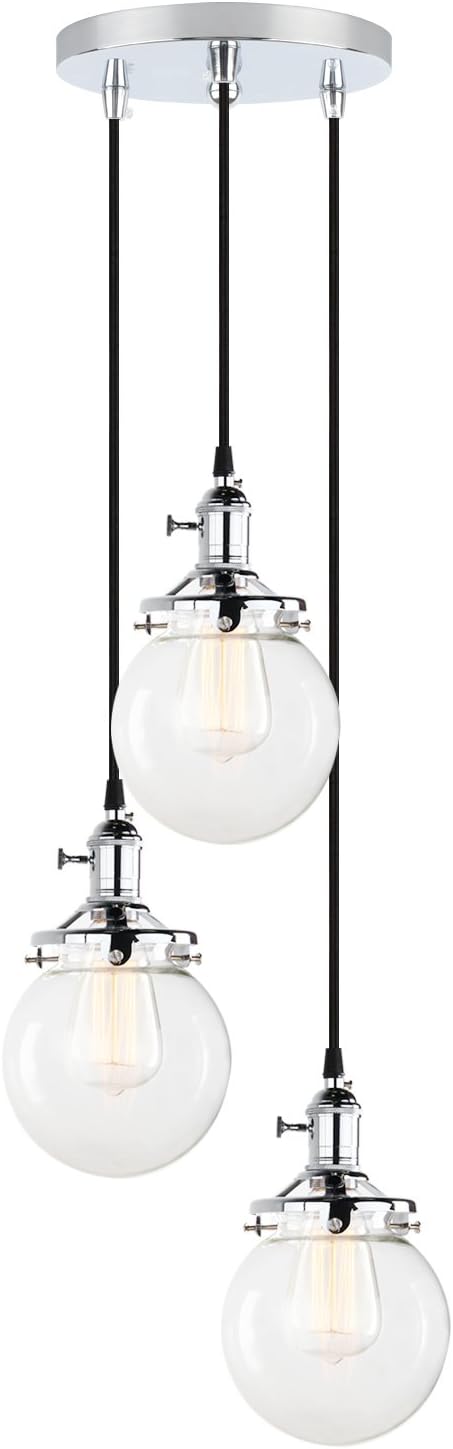 PathsOn Industrial Modern Vintage Loft Bar Edison Ceiling Pendant Lights Fitting Switched Chandelier Glass Globe 3 Lights Hanging Light Fixture for Island Living Room Dining Room Bedroom (Chrome)